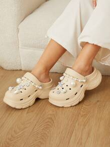 Cuccoo 公主风格夏季百搭户外 EVA 厚底防滑沙滩凉鞋，女士，珍珠花和蝴蝶孔设计