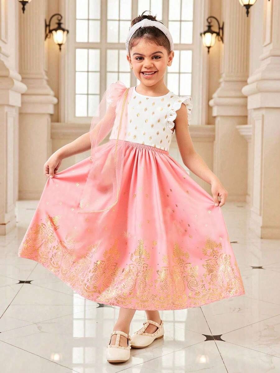 SHEIN Young Girl Elegant 2 Pieces Set Of Gold Printed Polka Dot Round Neck Mesh Top And Skirt For Summer,Holiday,Summer,Travel