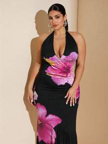 SHEIN BAE Plus Size Women's Summer Elegant Resort Date Floral Printed Stretch Mesh Halter Neck Dress,Birthday Dresses For Women,Back To School Girls Clothes,Girls Summer Outfits,Fall Clothes,School Clothes,Halloween,Winter,Y2k Clothes ,Vintage,Vacation Outfits Woman,Plus Size Women Clothes,Summer Dresses For Women,Wedding Guest Dress Women - Pink - View 5