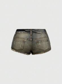 ROMWE Grunge Punk Y2K Style America Flag Rhinestone Decor Retro Washed Denim Skinny Shorts