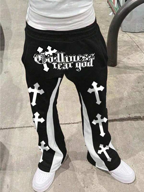 SHEIN Tween Boy Loose Fit Cross Print Casual Wide Leg Pants, Autumn