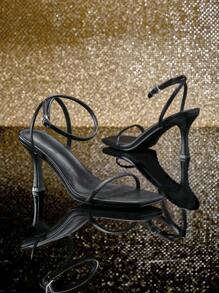 SHUZIA Women's Stylish Square Toe Rhinestone Square Buckle Decor Stiletto Heel Sandals Wedding Shoes - Black - View 3
