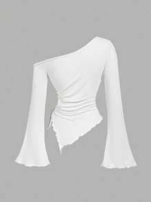 SHEIN MOD 女式杏色抽绳不对称下摆喇叭袖 T 恤，露肩 T 恤，秋季女装，舒适 T 恤 - 彩色 - 查看 9