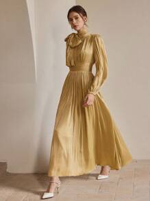 Anewsta Đầm dài nữ xuân/thu, xếp ly eo, bóng bẩy, thanh lịch và đa năng - trái cam - Xem 4