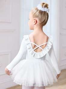 SHEIN Young Girls Ballet Dress, White Long Sleeve Girls Ballet Dancing Leotard With Lace Flutter Sleeve Fall Winter - White - View 1