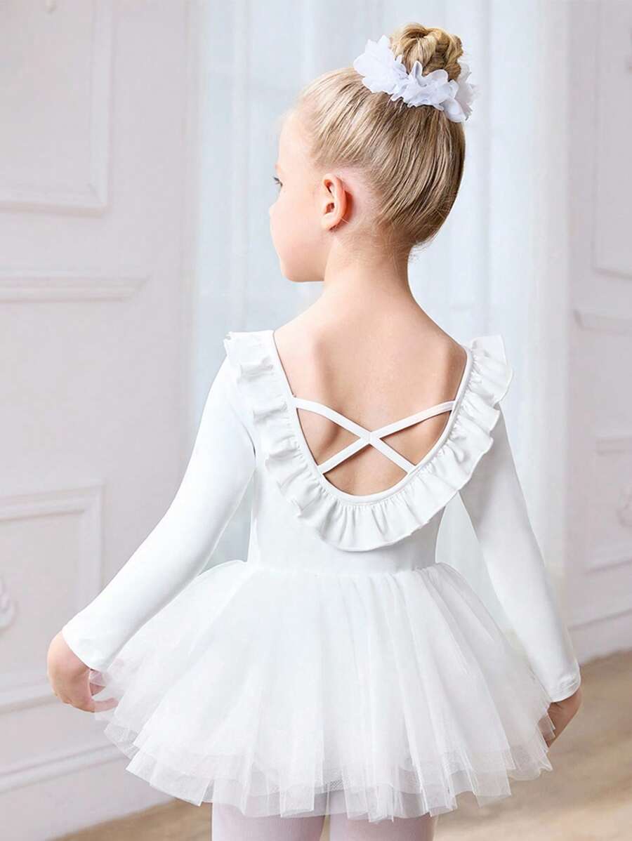 SHEIN Young Girls Ballet Dress, White Long Sleeve Girls Ballet Dancing Leotard With Lace Flutter Sleeve Fall Winter - White - View 1