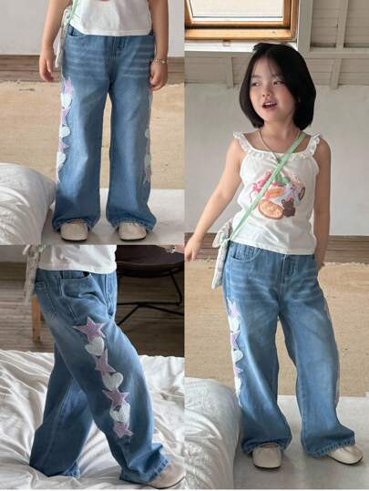 SHEIN Denimly 年轻女孩休闲日常都市街头学院风浅洗薰衣草色时尚牛仔阔腿裤，带有星星、心形刺绣、松紧腰身、纽扣前开襟，百搭全年穿着