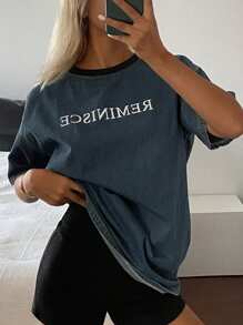 Livesso 女式夏季休闲字母图案圆领短袖牛仔上衣 - 藍色 - 查看 4