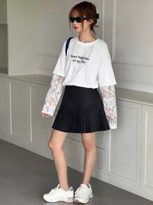 Dazy Kids 青少年女孩休闲宽松白色长袖 T 恤，二合一，秋季 - 白色 - 查看 3