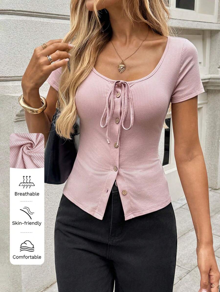 SHEIN LUNE 女式短袖修身圆领系带 T 恤，女士休闲夏装 Y2k 商务休闲女式紧身胸衣上衣，女士短款上衣，女士外出上衣，女士校服，女士教师装，乡村粉色女士，老钱乡村女士，波西米亚风格服装，工作上衣，系带上衣，机场返校女士教师外出上衣，女士机场装，乡村老钱乡村女士外出上衣，旅行机场系带上衣，系带上衣，蝴蝶结上衣，女士罗纹上衣，纽扣上衣