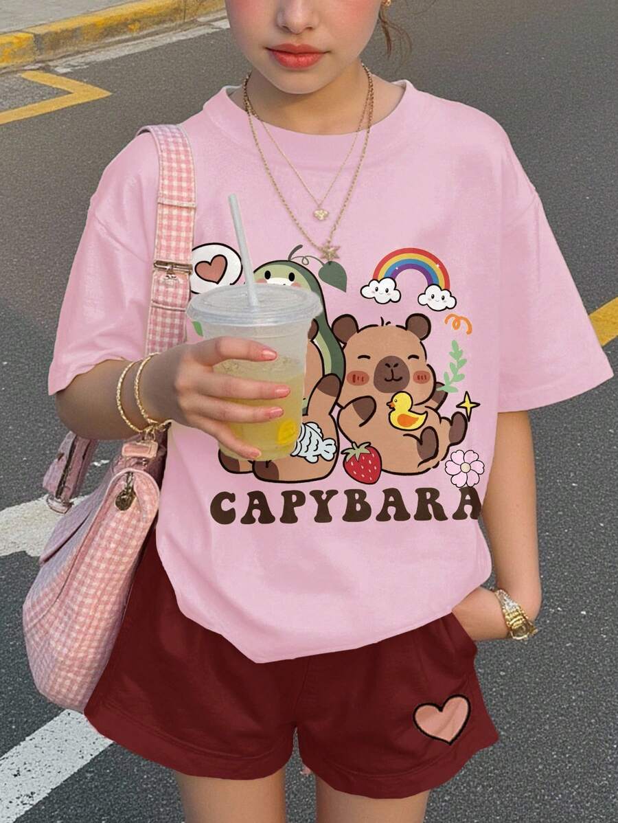 SHEIN Leap Crew 青少年女孩休闲简约短袖上衣和短裤两件套，适合夏季 - 彩色 - 查看 1