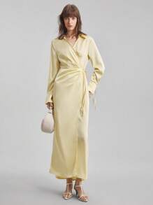 Ontre Women's Pale Yellow Autumn Elegant Tea Party Satin Wrap Dress,Long Sleeve V-Neck Tie Collar Waisted Loose Casual Business Commuter Mid-Length Dress - Yellow - View 4