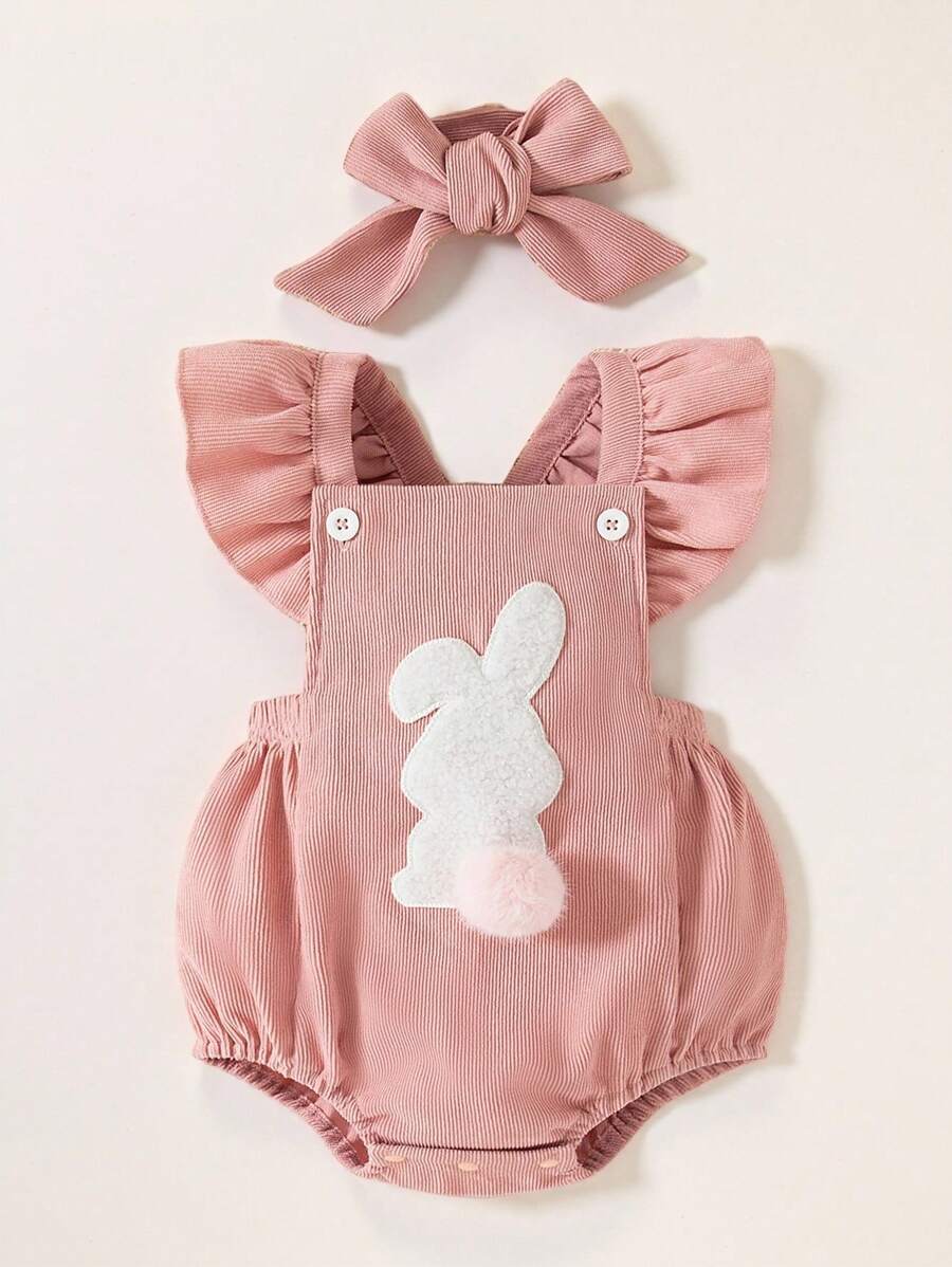 SHEIN Playful Pals 2pcs Infant Baby Cute Rabbit Embroidered Detachable Pom-Pom Bodysuit, Summer - Pink - View 1