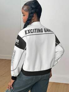 SHEIN Tween Girl Casual Everyday Letter & Graphic Print Loose Fit Zip-Up Jacket Girls Racing Jacket Girls Graphic Jacket Kids Racing Jacket,In Fall/Winter