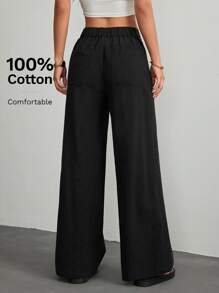 SHEIN PETITE 女士纯色口袋休闲宽松低腰直筒裤 - 黑色 - 查看 2