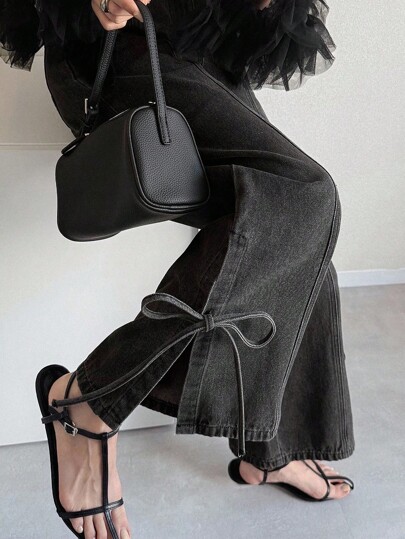 FRIFUL Calça jeans feminina casual e estilosa com laço e ajuste solto