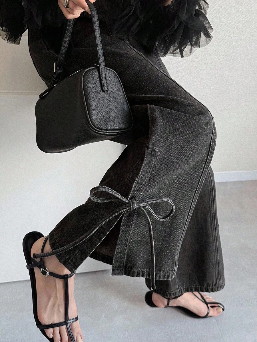 FRIFUL Women's Fashionable Casual Bowknot Tie Loose Fit Denim Jeans Bow Jeans Tie Jeans Black Jeans Split Hem Jeans Wide Leg Jeans - Black - View 1