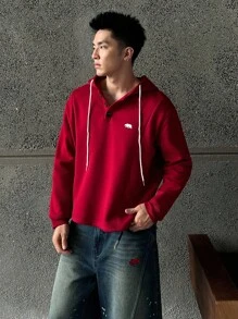 Manfinity BRENVOR 男士休闲时尚刺绣针织连帽衫，适合秋冬 - 紅色 - 查看 2