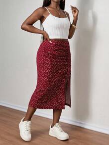 SHEIN PETITE CURVE Plus Size Women 2pcs Set - Solid Color Cami Top And Polka Dot Print Drawstring Hem SkirtSummer Outfits For Women Two Piece Skirt Set Summer Skirt Set, Summer Outfits For Women, Suitable For People Of Shorter Stature