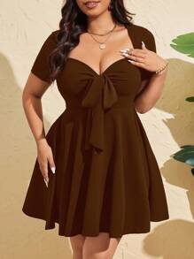 Vionelle Plus Size Women Summer Sexy Front Tie Short Sleeve Fitted Dress - Brown - View 6