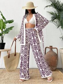 SHEIN Cottnline 2pcs Totem Print Kimono Cardigan & Wide Leg Pants Set - Purple - View 3