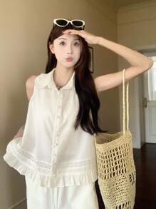 DAZY 女式彼得潘领无袖荷叶边下摆宽松纯色衬衫和阔腿休闲裤两件套 - 白色 - 查看 5