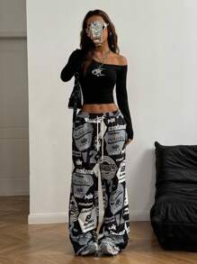 Coolane 复古星形图案露肩紧身休闲长袖女式 T 恤 - 黑色 - 查看 6