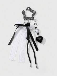 ROMWE Anime 1 pieza Estilo gótico vintage punk negro hueco de acrílico en forma de estrella, corazón, cinta de tul blanco trenzado Llavero DIY, Colgante de bolso, Colgante de teléfono, Regalo para mujeres, niñas, Halloween - Negro - Ver 1