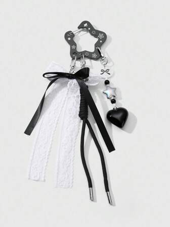 Anime 1 pièce Vintage gothique style punk Étoile acrylique noire creuse, Cœur, Ruban de tulle blanc tressé Porte-clés DIY, Charm de sac, Pendentif de téléphone, Cadeau pour femmes, filles, Halloween