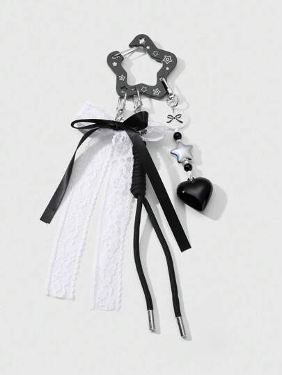 Anime 1pc Vintage Gothic Punk Style Black Acrylic Hollow Star, Heart, White Tulle Ribbon Braided Cord DIY Keychain, Bag Charm, Phone Pendant, Gift For Women, Girls, Halloween