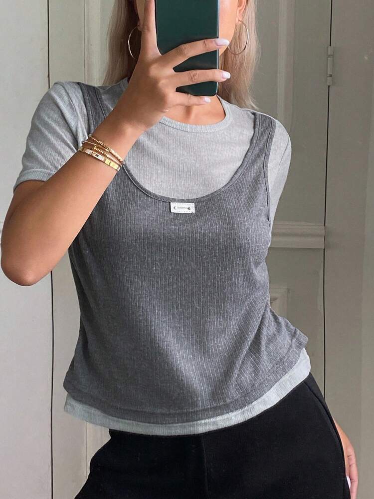 Women's Patchwork Sleeveless Top, Casual Street Style T-Shirt, Autumn