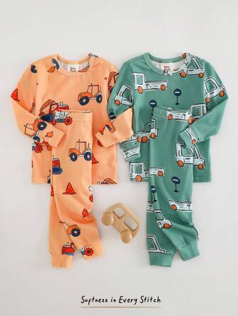 Cozy Pixies 4pcs Baby Boy Snug Fit Pajama Set, Cartoon Car Graphic Knitted Soft Round Neck Long Sleeve Top And Elastic Waist Long Pants Toddler Car Clothes 2pcs Toddler Pajamas Tight Fit Pajama 2pcs Newborn Baby Boy Car Print Romper With Long Sleeve Long Pants Graphic Cartoon Fall Winter