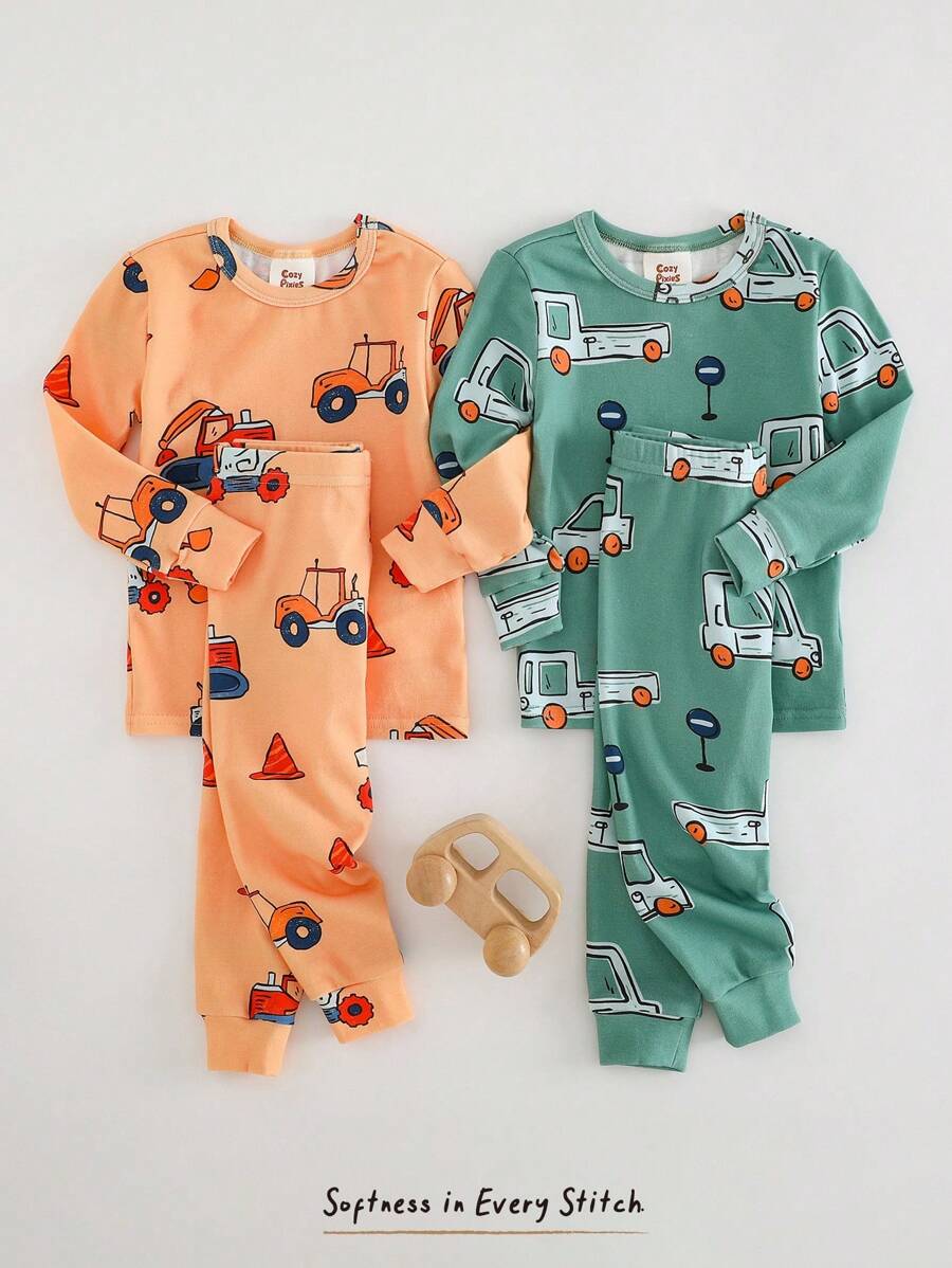 Cozy Pixies 4 件套男婴舒适睡衣套装，卡通汽车图案针织柔软圆领长袖上衣和松紧腰长裤 - 霧霾藍 - 查看 1