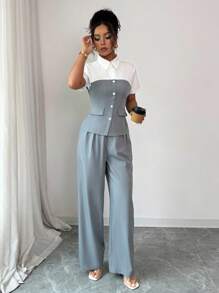 Elenzga 2件套女士成熟优雅拼色衬衫和阔腿裤套装 - 灰色 - 查看 3