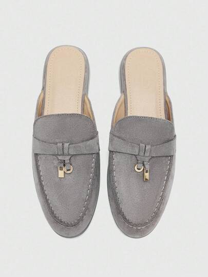 CUCCOO BIZCHIC 时尚灰色天鹅绒一脚蹬平底鞋，舒适通勤女式穆勒鞋，休闲日常户外散步办公室平底鞋，百搭