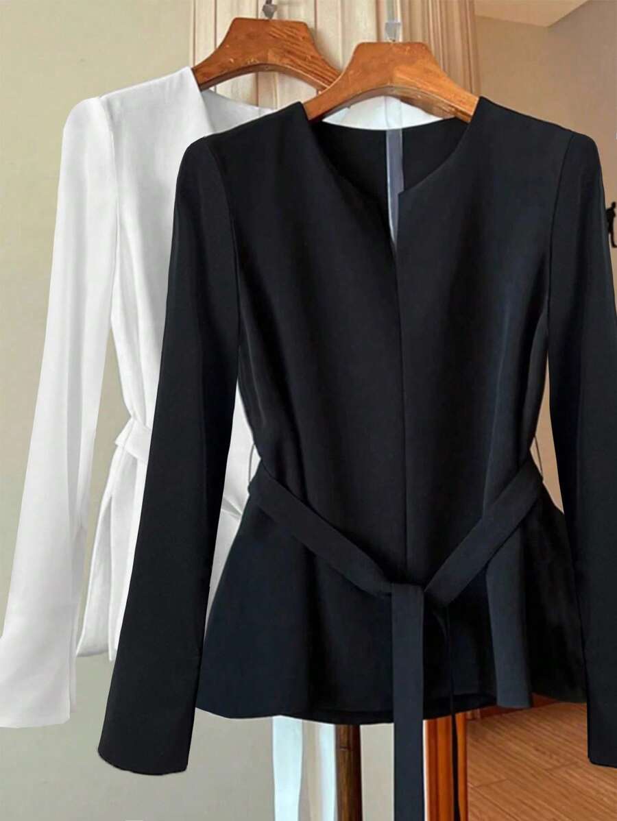 SHEIN Clasi 女士纯色长袖打结腰优雅衬衫 - 黑色 - 查看 1