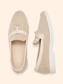 CUCCOO BASICS 女士休闲圆头度假舒适乐福鞋平底套脚鞋，针织杏色高鞋面 - 杏色 - 查看 7