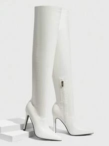 CUCCOO SZL 女士白色压花尖头超高细高跟鞋，性感俱乐部派对过膝长靴 - 白色 - 查看 2