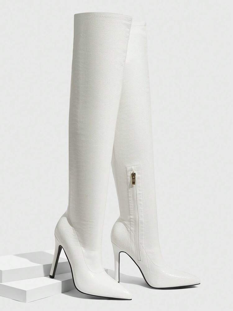 CUCCOO SZL Women's White Embossed Pointed Toe Super High Stilettos, Sexy Club Party Over-The-Knee Long Boots For Christmas