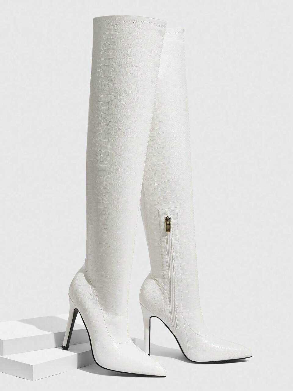 CUCCOO SZL Women's White Embossed Pointed Toe Super High Stilettos, Sexy Club Party Over-The-Knee Long Boots For Christmas