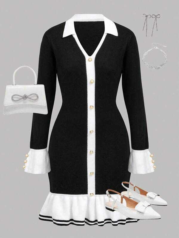 SHEIN Girlism Teen Girls Elegant Black & White Splicing Vintage Flattering V-Neck Long Sleeve Gold Button Waist Ruffle Hem Knit Sweater Dress Autumn Winter Clothes For Women
