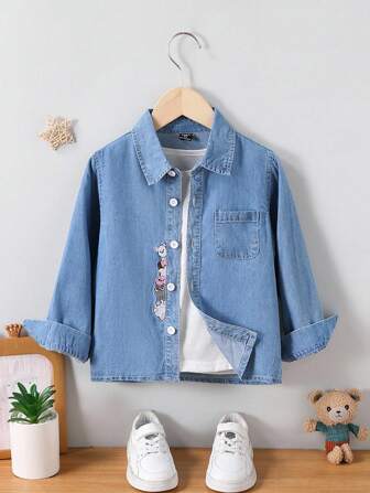 Meisjes schattig casual veelzijdig geborduurd kittenpatroon lichtgewicht comfortabel Tencel denim shirt