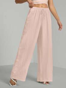 SHEIN Tall Loose Drawstring Waist Trousers In Textured Crinkle Fabric Pink Pants
