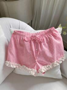 Comfortcana Damen Karoprint Volant Saum Farbblock Lässig Shorts