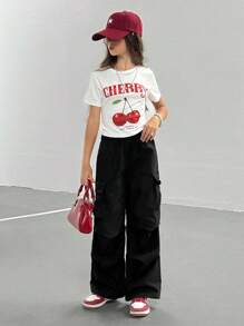 2 Stücke Set: Crop Top mit Kirsche Muster + Cargohose, für Mädchen in Große Größen