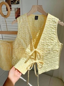 Comfortcana Women's Summer Clothing Light Yellow Woven Sleeveless Top Open Collared Tie And Shorts Casual Cute Two Piece Set Suitable For Summer Vacation Seaside - Yellow - View 6
