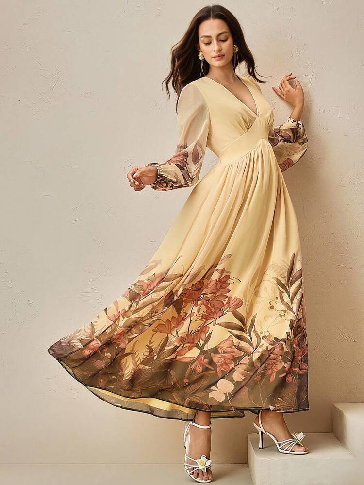 Anwesta Elegant V-Neck Cinched Waist Printed Women Dress