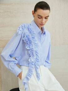 Aveloria Modichic Damen elegante gestreifte Bluse mit Blume Muster und Farbblöcken, weite Laternenärmel für Frühling und Herbst - Verschiedenfarbig - Übersicht 3