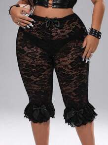 Whyspr Plus Size Women Elastic Waist Bow Lace Trim Hem Sheer Sexy Party Stylish Shorts - Black - View 2