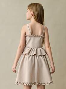 SHEIN 2pcs Tween Girls Casual Everyday Matching Ruffle Hem Camisole Top And Skirt Set - Apricot - View 3